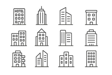 Obraz premium Set of 12 building icons with neon outline