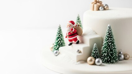 Enchanting white tiered Christmas cake featuring Santa with gift sack walking down snowy steps, surrounded by frosted evergreen trees and metallic baubles, magical festive dessert for holiday gatherin