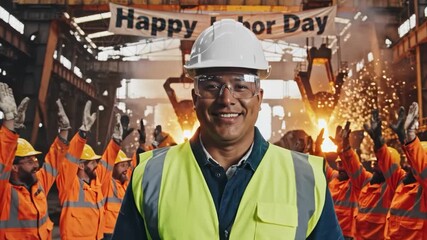 Worker celebrating labor day in a factory with colleagues and molten metal in background