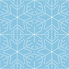 Blue abstract snowflakes seamless vector pattern, Cute geometric winter design with dots for backgrounds and packaging