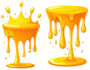 Two cartoon honey-like liquids in a goblet shape with splashing effect