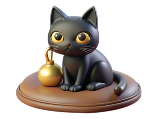 Black cat figurine with golden bell on wooden base