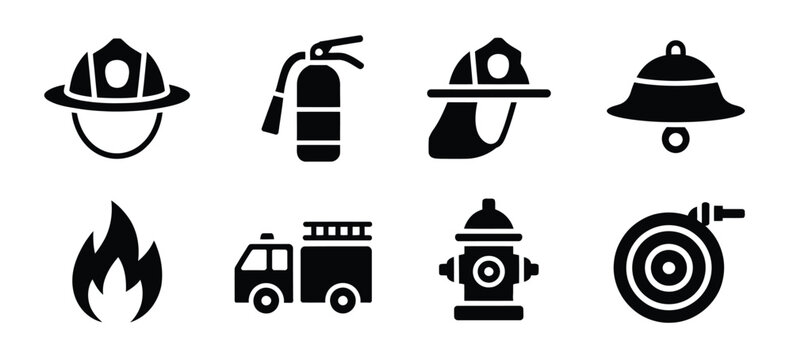 Firefighting black icon set including firefighter helmet, extinguisher, alarm bell, flame, fire truck, hydrant and fire hose, ideal for emergency response visuals, safety signage and vector i