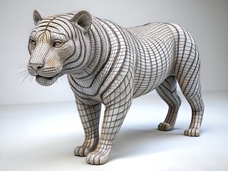 Fototapeta premium Wire mesh tiger sculpture standing on white surface