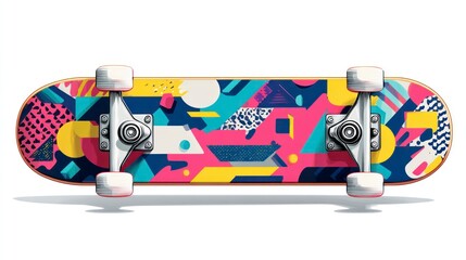 Colorful skateboard with abstract geometric design isolated on white