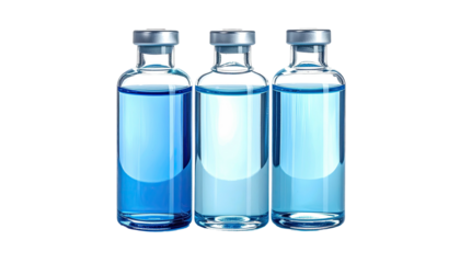 Three glass vials filled with a gradient blue liquid on black background