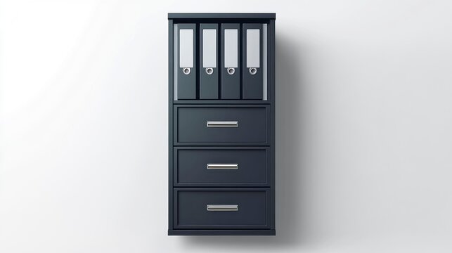 Dark storage cabinet with folders and drawers on white background