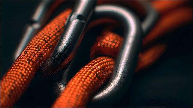 Close-up of a climbing carabiner and orange rope, adventure concept.