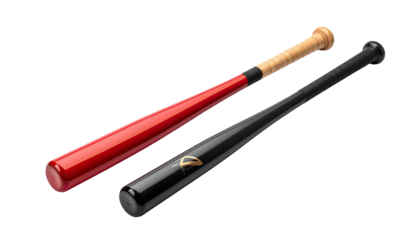 Two baseball bats, red and black, angled on a dark background