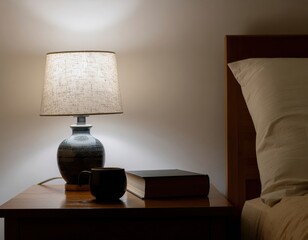 Cozy bedside table with warm lamp, book and ceramic cup at night