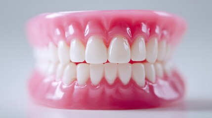 Fototapeta premium Close-up of a complete set of dentures, showing the upper and lower teeth, dental health concept.