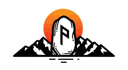 Stylized stone with letter p against sunset over mountains vector illustration