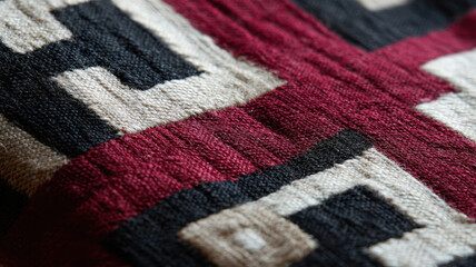 Handwoven textile geometric pattern ethnic design maze motif red black cream fabric texture woven cloth closeup detail conveys warmth and heritage craftsmanship
