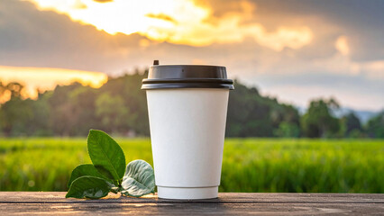 Outdoor Coffee Cup Mockup on Wooden Table with Nature Background