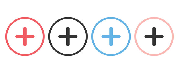 Obraz premium Plus sign icon collection, including colorful circular plus icons, medical cross symbols, minimalist add signs, suitable for healthcare, mathematics, UI design, mobile apps, and clean vector graphics