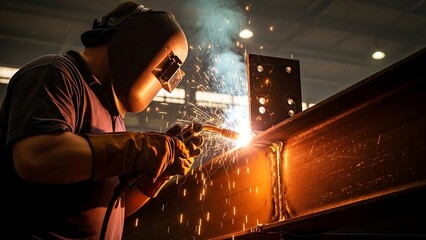 Man welding metal in industrial setting.