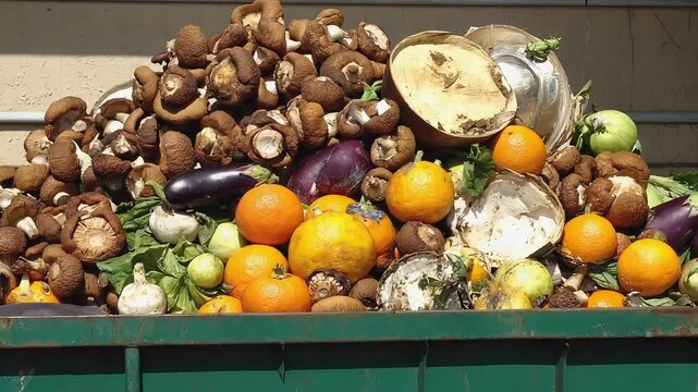 Discarded Mixed Fruits and Vegetables in Dumpster as Food Waste