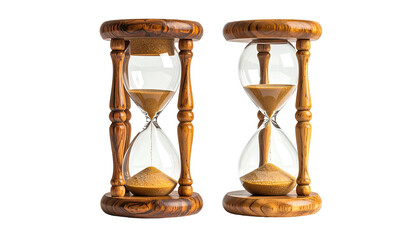 Two antique hourglasses showing the passage of time on a black background