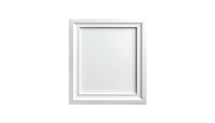 A pristine white picture frame, square shape, floating against black