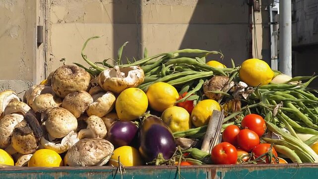 Discarded Mixed Fruits and Vegetables in Dumpster as Food Waste