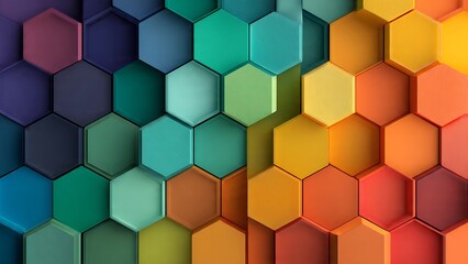 A vibrant and colorful abstract background featuring a repeating pattern of hexagonal shapes in varying hues
