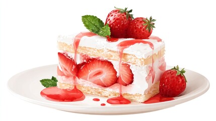 Delicious strawberry shortcake on a white plate with fresh fruit topping