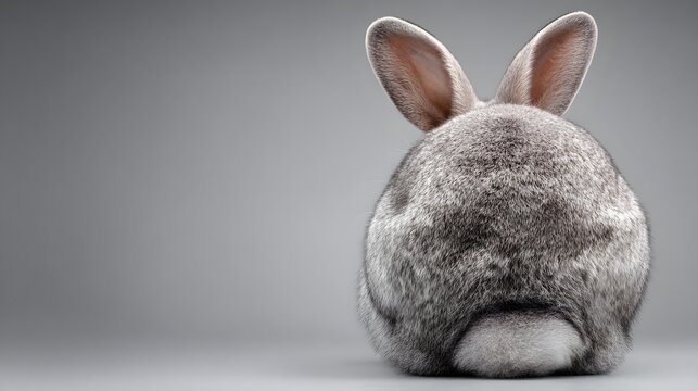 Close-up of a fluffy gray rabbits backside with its ears perked up, studio shot.