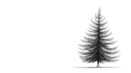 Detailed black and white illustration of a solitary conifer tree on a white backdrop