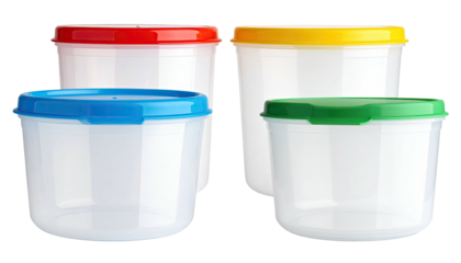 Four clear plastic containers, each with a different brightly colored lid