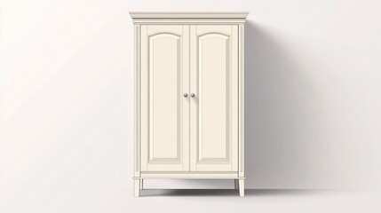 Elegant off white cabinet with raised panel doors and silver handles on white backdrop