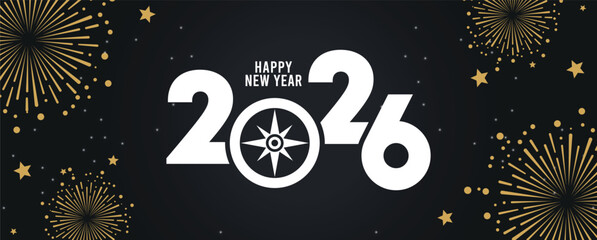 Festive black banner with bold white 2025 Happy New Year typography, surrounded by elegant golden fireworks and sparkling stars, perfect for holiday greetings, celebrations, party invitations. © bibin
