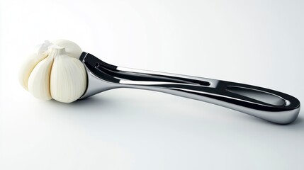 Fresh garlic bulb in innovative kitchen tool with bright studio lighting