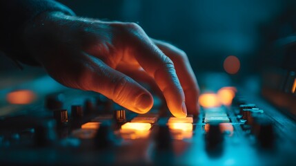 Close-up of a hand adjusting controls on a sound mixing console in a studio environment.