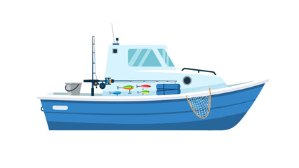 Blue fishing boat with fishing gear and lures