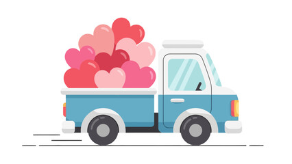 Blue pickup truck loaded with heartshaped balloons