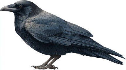 Isolated illustration of a black crow bird with detailed feather texture