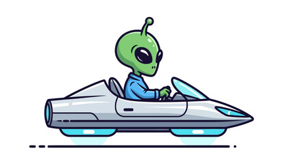 Cartoon alien driving a futuristic hovercar