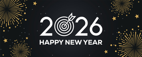 Festive black banner with bold white 2025 Happy New Year typography, surrounded by elegant golden fireworks and sparkling stars, perfect for holiday greetings, celebrations, party invitations. © bibin