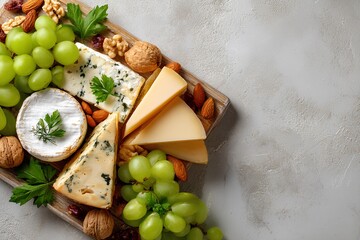 Entertaining platter with assorted cheeses, grapes, and almonds on wooden board. Copy space.