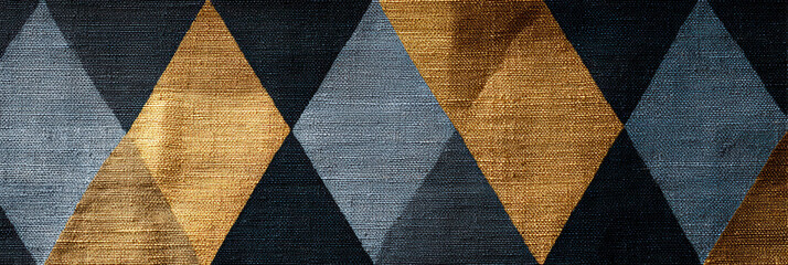 Geometric pattern textile, diamond motif fabric, woven texture, gold and blue tones, modern abstract design with repeating shapes, sleek minimal style evokes calm elegance and subtle depth
