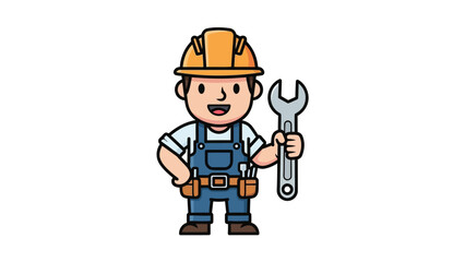 Cartoon construction worker with hard hat and wrench
