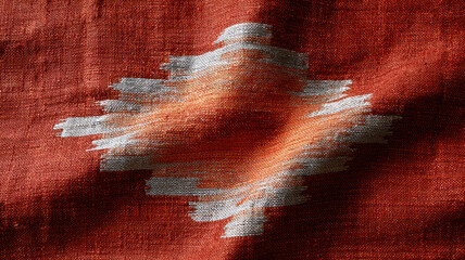 Rust red textile woven fabric ethnic pattern geometric motif diamond shape stepped design handwoven cloth linen texture warm color palette cultural craft conveys rustic charm and tactile depth