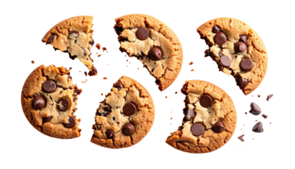 Overhead shot of six broken cookies with chocolate chips on black