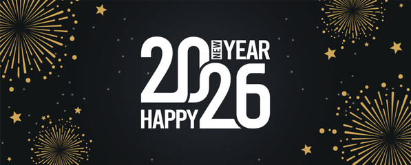 Festive black banner with bold white 2025 Happy New Year typography, surrounded by elegant golden fireworks and sparkling stars, perfect for holiday greetings, celebrations, party invitations. © bibin