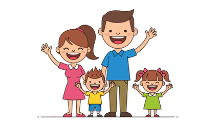 Cartoon family waving mother father son daughter