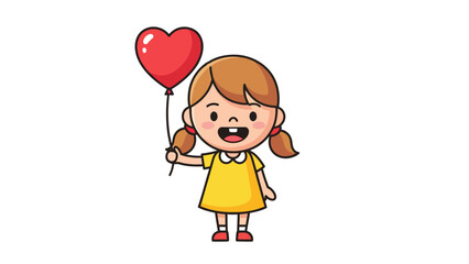 Cartoon girl with brown pigtails in yellow dress holding red heart balloon