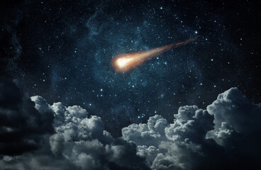 Comet, asteroid, meteorite flying on the background of the starry night sky. Glowing asteroid and tail of a falling comet. Elements of this image furnished by NASA. © Tryfonov