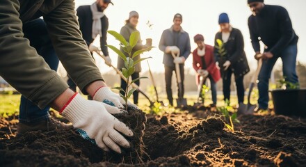 Group of diverse people planting trees and gardening together outdoors in a sunny environment for a new year celebration.