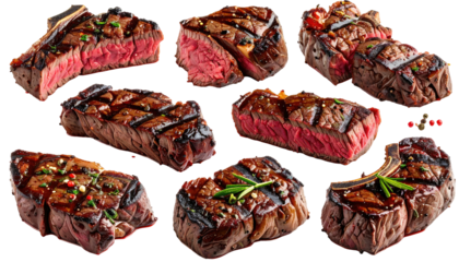 Assorted grilled steaks with various cuts, showing medium-rare doneness