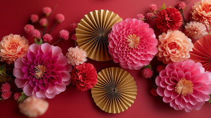 Lunar new year festival or wedding decoration over red background, traditional paper fans arrangement, flat lay composition, top view banner format, cultural atmosphere, with copy 